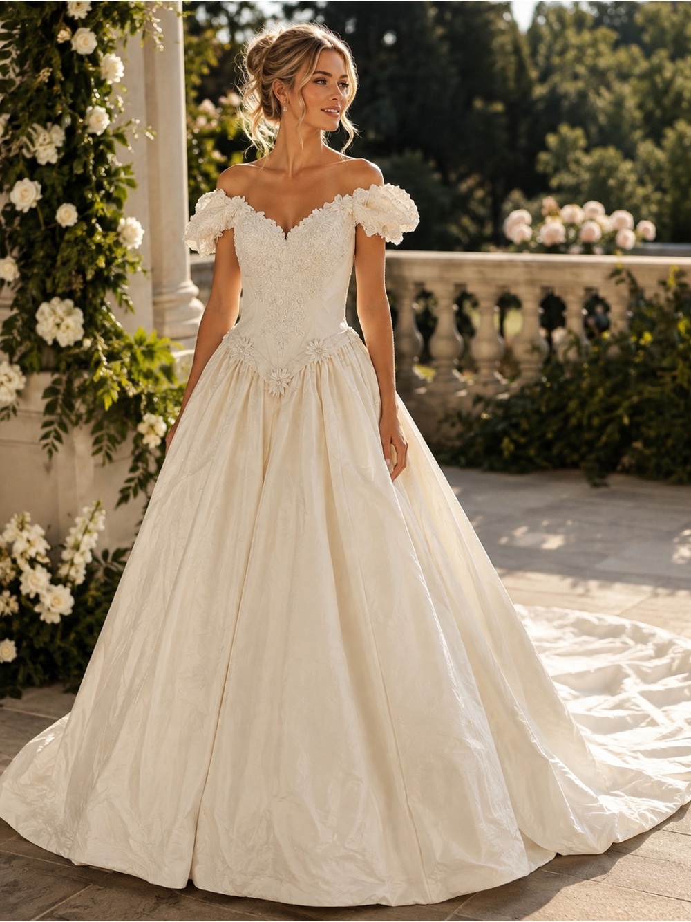 Mori Lee Ivory 70% Silk Off-Shoulder  Bridal Ball Gown